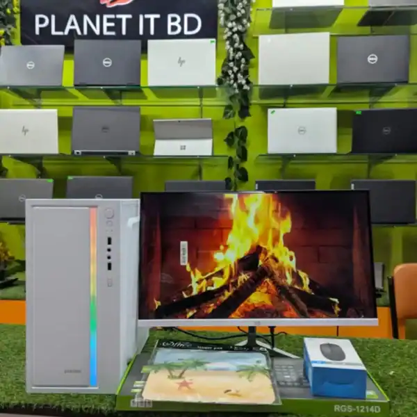 High-performance gaming desktop computer with 4K monitor featuring realistic fire animation, showcased at Planet IT BD store, the leading seller of gaming PCs and computer accessories in Bangladesh.